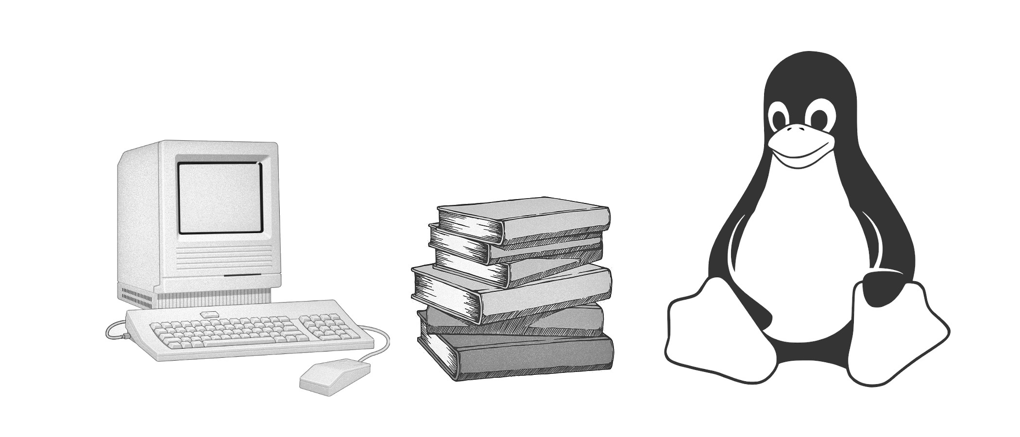 stack of books, old computer, tux the penguin